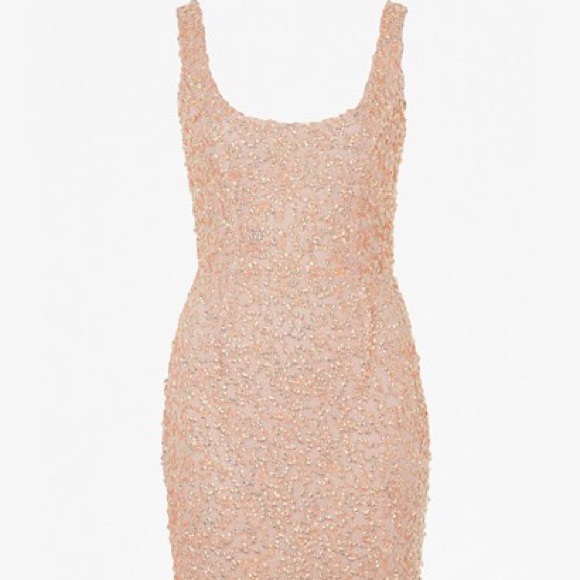 french connection pink sequin dress strapless open back dress French Connection Rose Gold Sequin Dress Size 10 The Wardrobe